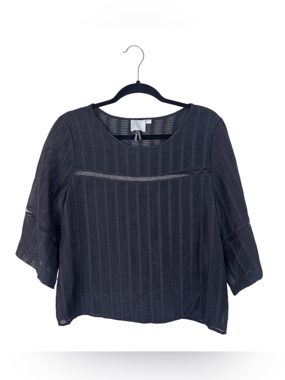 HD In Paris Anthropologie Black Textured Half Sleeve Cropped Blouse Womens 8 Top